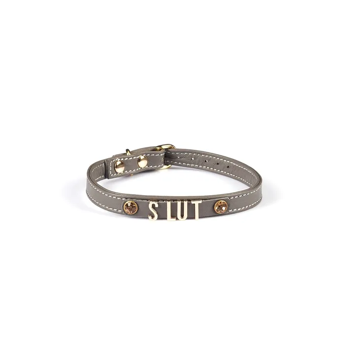 Vibrators Liebe Seele Smalle Collar Met Gouden Letters Slut Italiaans Kwaliteitsleder Grijs Liebe Seele