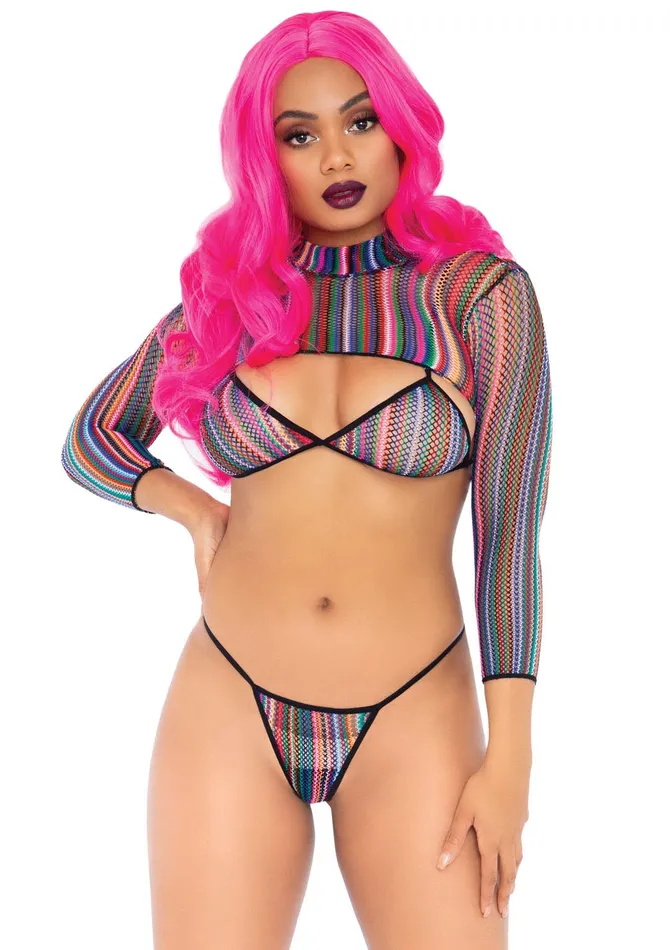 3 Pc Fishnet Bikini GString and Crop Top One Size Multicolor Leg Avenue Vibrators