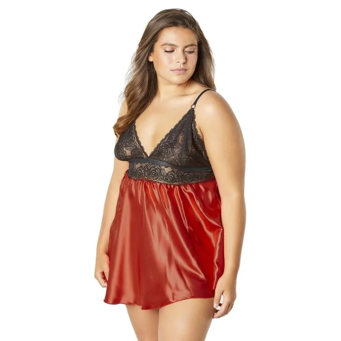 Lace Cup Satin Empire Body Babydoll With Contrast Color Piping GString Blackred 3x4x Oh L L Chri Anal