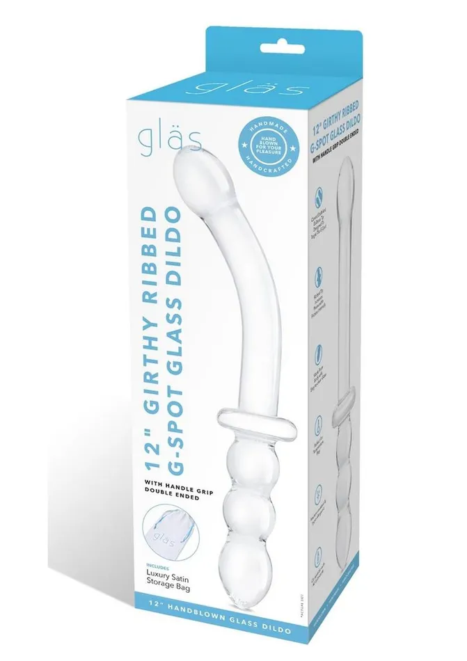 Glas Girthy Ribbed GSpot Glass Dildo with Handle Grip Double End Glas Dildos
