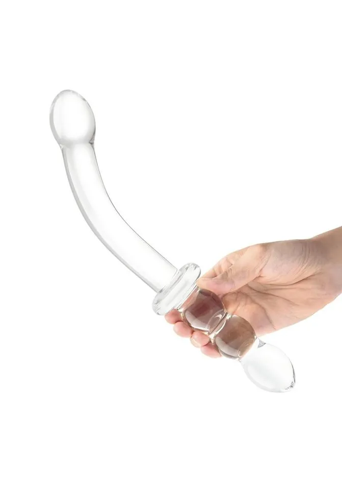 Glas Girthy Ribbed GSpot Glass Dildo with Handle Grip Double End Glas Dildos