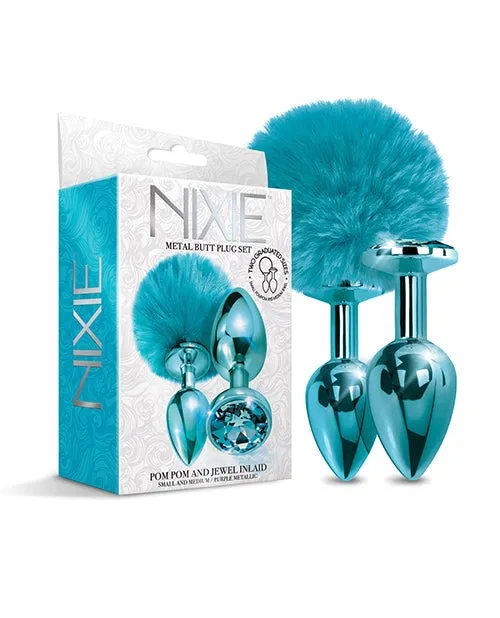 Global Novelties LLC Anal Nixie Metal Butt Plug Set Wjewel Inlaid Pom Pom
