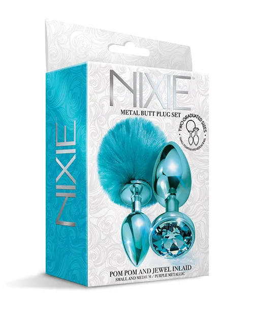 Global Novelties LLC Anal Nixie Metal Butt Plug Set Wjewel Inlaid Pom Pom