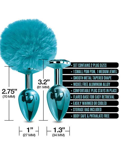 Global Novelties LLC Anal Nixie Metal Butt Plug Set Wjewel Inlaid Pom Pom