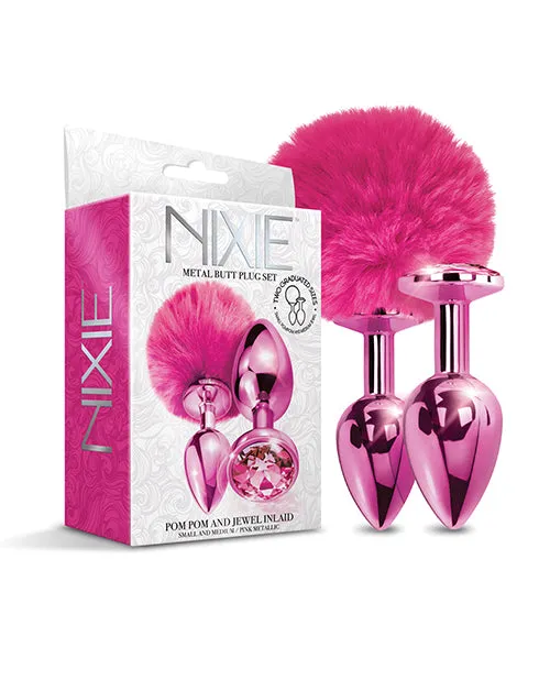 Global Novelties LLC Anal Nixie Metal Butt Plug Set Wjewel Inlaid Pom Pom