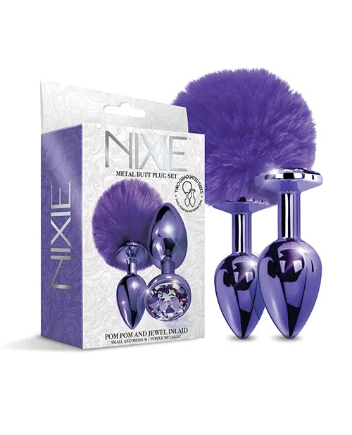 Global Novelties LLC Anal Nixie Metal Butt Plug Set Wjewel Inlaid Pom Pom