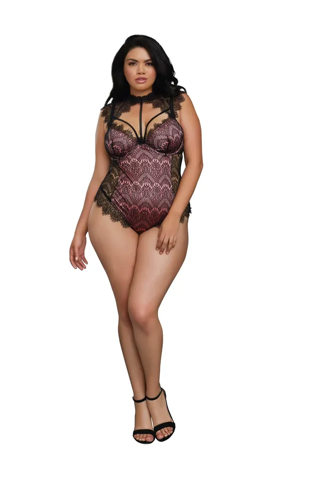 Dreamgirl Vibrators Eyelash Lace Collared Teddy 2x Vintage Rose Black