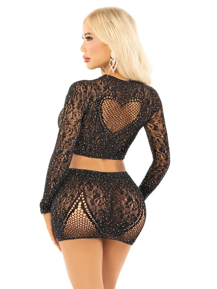 Leg Avenue Black 2pc Rhinestone Lace and Net Crop Top With Heart Keyhole Mini Skirt Os Anal Leg Avenue Black 2pc Rhinestone Lace and Net Crop Top With Heart Keyhole Mini Skirt Os Anal