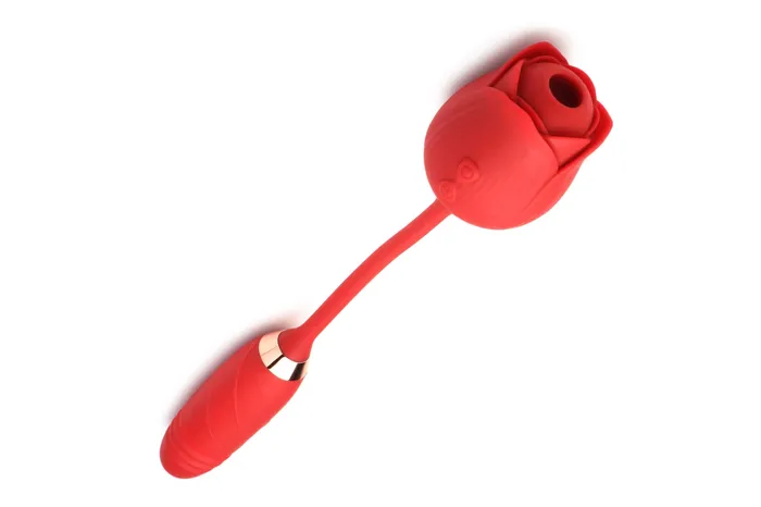 Vibrators XR Brands inmi Bloomgasm Romping Rose Suction and Thrusting Vibrator Red