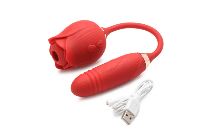 Vibrators XR Brands inmi Bloomgasm Romping Rose Suction and Thrusting Vibrator Red