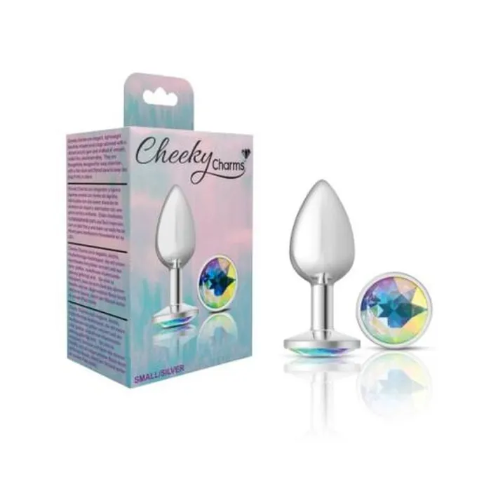 Anal Cheeky Charms Silver Round Butt Plug w Clear Iridescent Jewel Small Cheeky Charms
