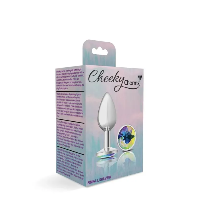 Anal Cheeky Charms Silver Round Butt Plug w Clear Iridescent Jewel Small Cheeky Charms
