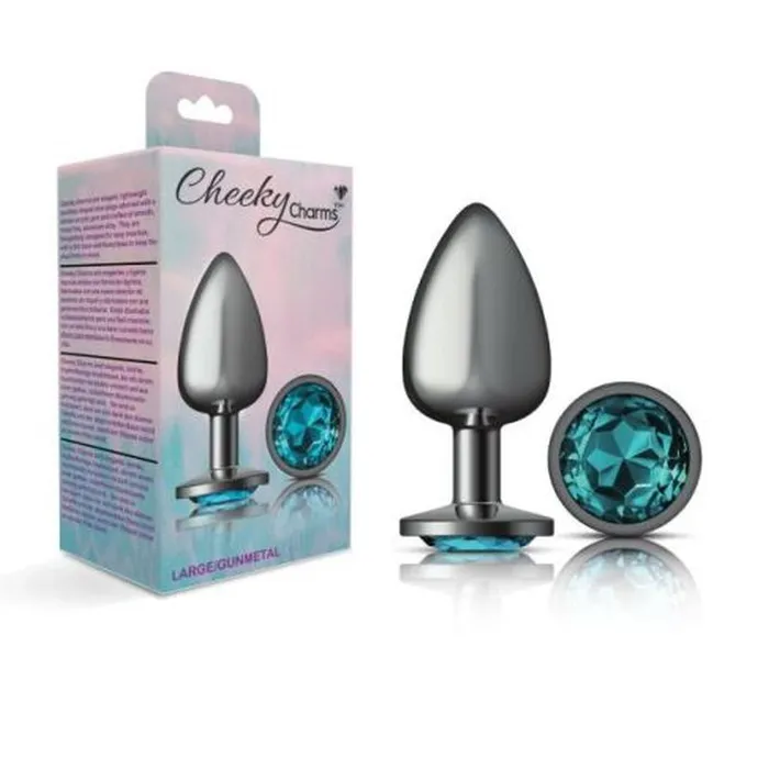 Cheeky Charms Anal Cheeky Charms Gunmetal Round Butt Plug w Teal Jewel Large