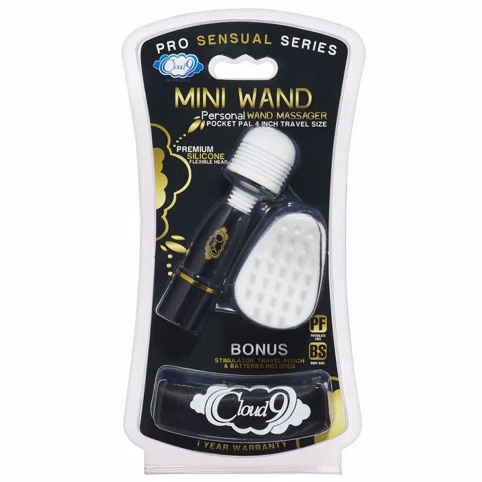 Cloud 9 Pro Sensual Mini Wand WBonus Tip Travel Pouch Black Cloud 9 Novelties Vibrators