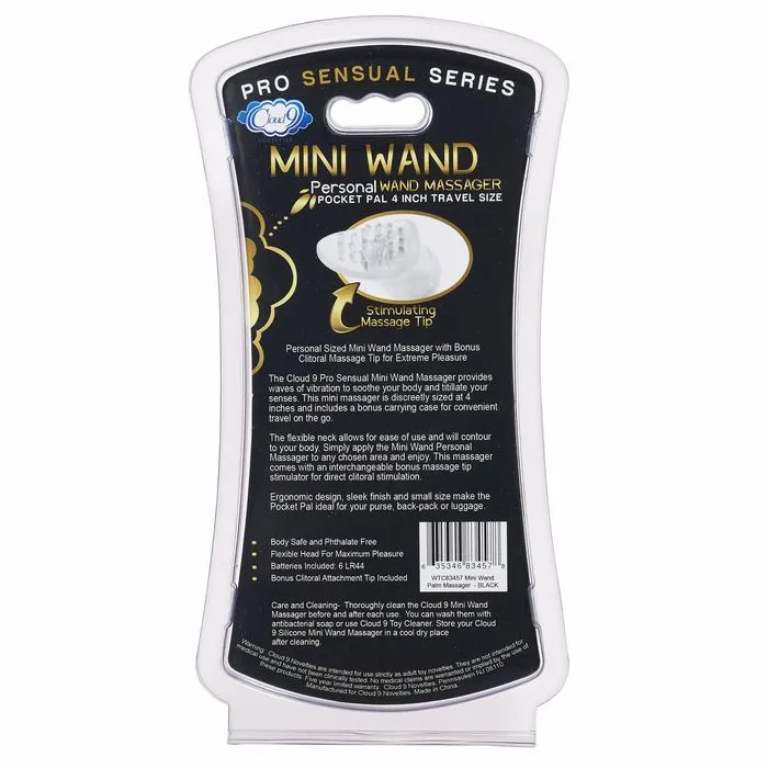 Cloud 9 Pro Sensual Mini Wand WBonus Tip Travel Pouch Black Cloud 9 Novelties Vibrators