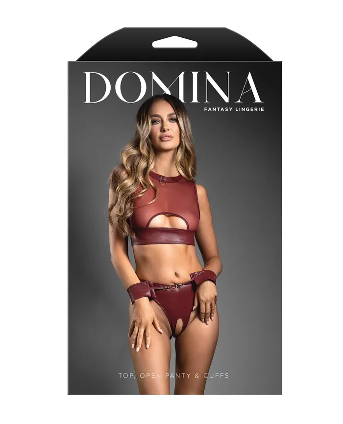 Female Sex Toys Fantasy Lingerie Domina Sheer Mesh Vegan Leather 3 pc Set wCrotchless Panty Handcuffs Burgundy Female Sex Toys Fantasy Lingerie Domina Sheer Mesh Vegan Leather 3 pc Set wCrotchless Panty Handcuffs Burgundy
