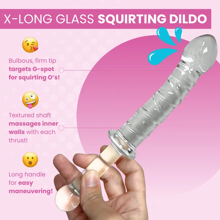 XLong Textured Glass Dildo With Handle Pink BOB Female Sex Toys